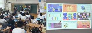 オンラインと対面のハイブリッドで行った児童向け講座（左）。学年や進度に応じさまざまなスライドを使用（右）