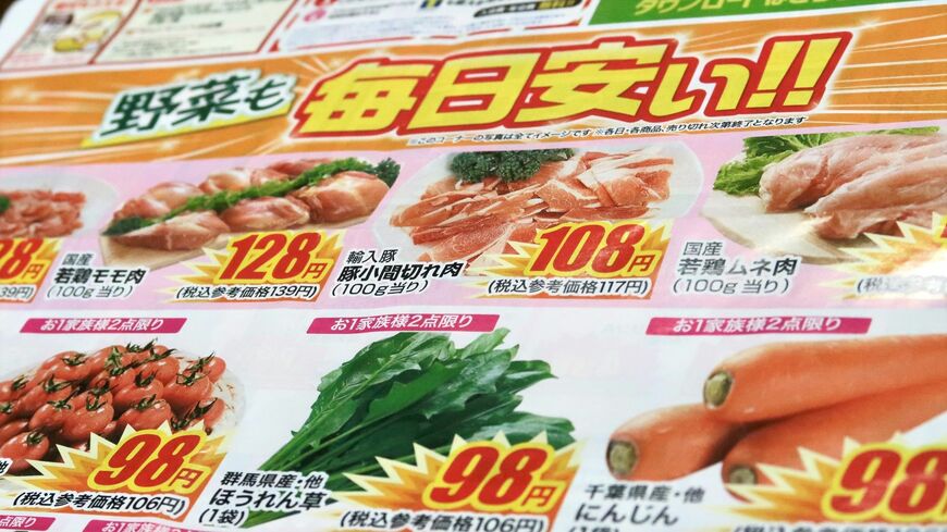 クスリのアオキのチラシはまるでスーパーのように、生鮮品の安さを猛アピールしている（記者撮影）