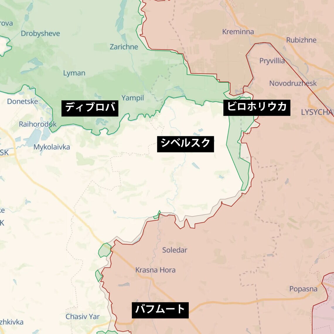 赤色はロシア軍支配地域。緑色はウクライナ軍が奪還した地域（地図：DeepStateMapより）