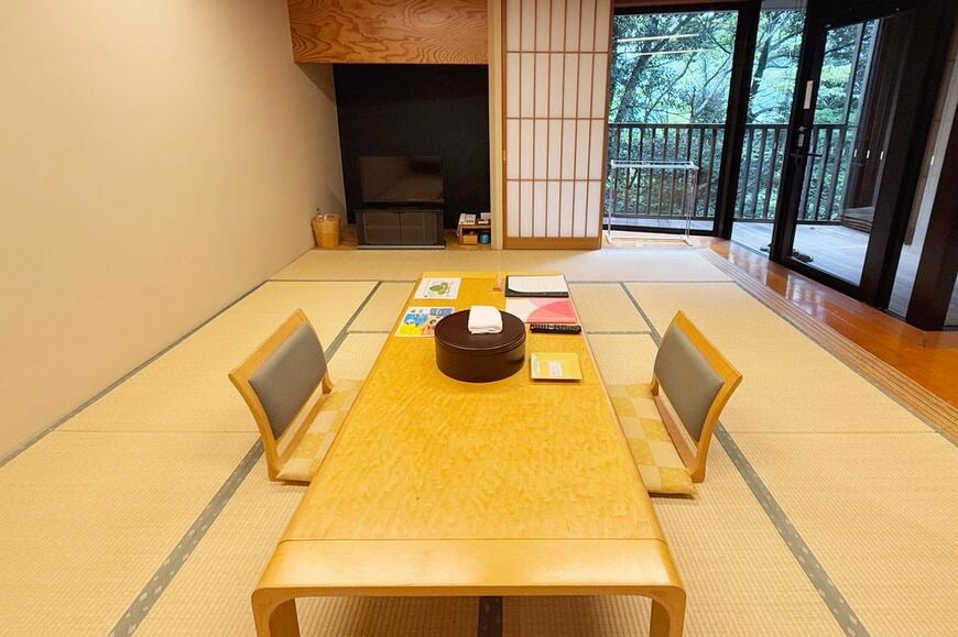 客室は畳が12畳と、縁側もあって2人部屋としては広々。窓から覗く箱根の木々が借景です（筆者撮影）