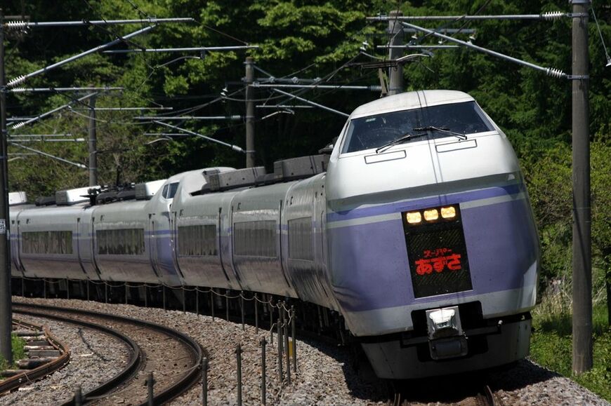 富士見付近を快走する「スーパーあずさ」E351系（撮影：南正時）