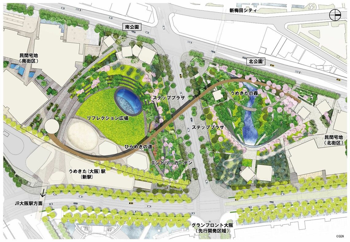 公園の配置図。グランフロント大阪と新梅田シティをステッププラザが結ぶ（画像：三菱地所）