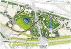 公園の配置図。グランフロント大阪と新梅田シティを