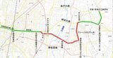 芳賀・宇都宮LRT「ライトライン」は道路上に軌道を設けた併用軌道（緑）と道路外に軌道を敷設した専用軌道（赤）で構成される（国土地理院地図を筆者加工）