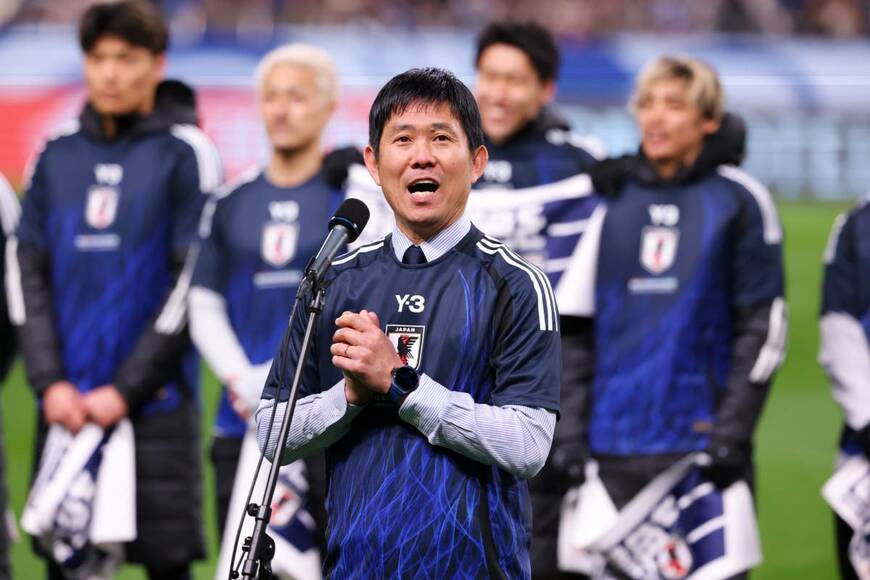 自身として2度目、日本としては8大会連続のワールドカップ出場を決めた森保一監督（写真：長田洋平／アフロスポーツ）