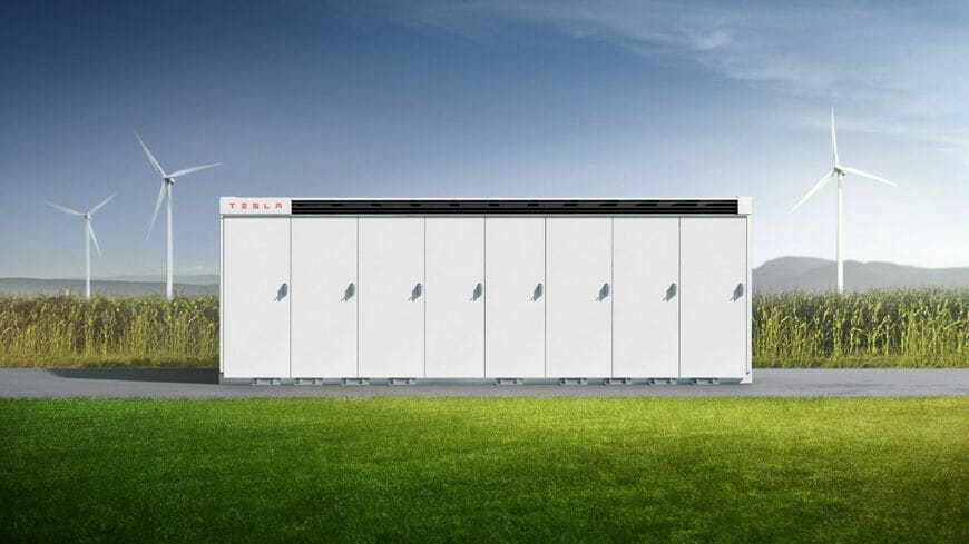 テスラのメガパックは、風力発電や太陽光発電から得られる電力の一時貯蔵などに使われる（写真は同社ウェブサイトより）
