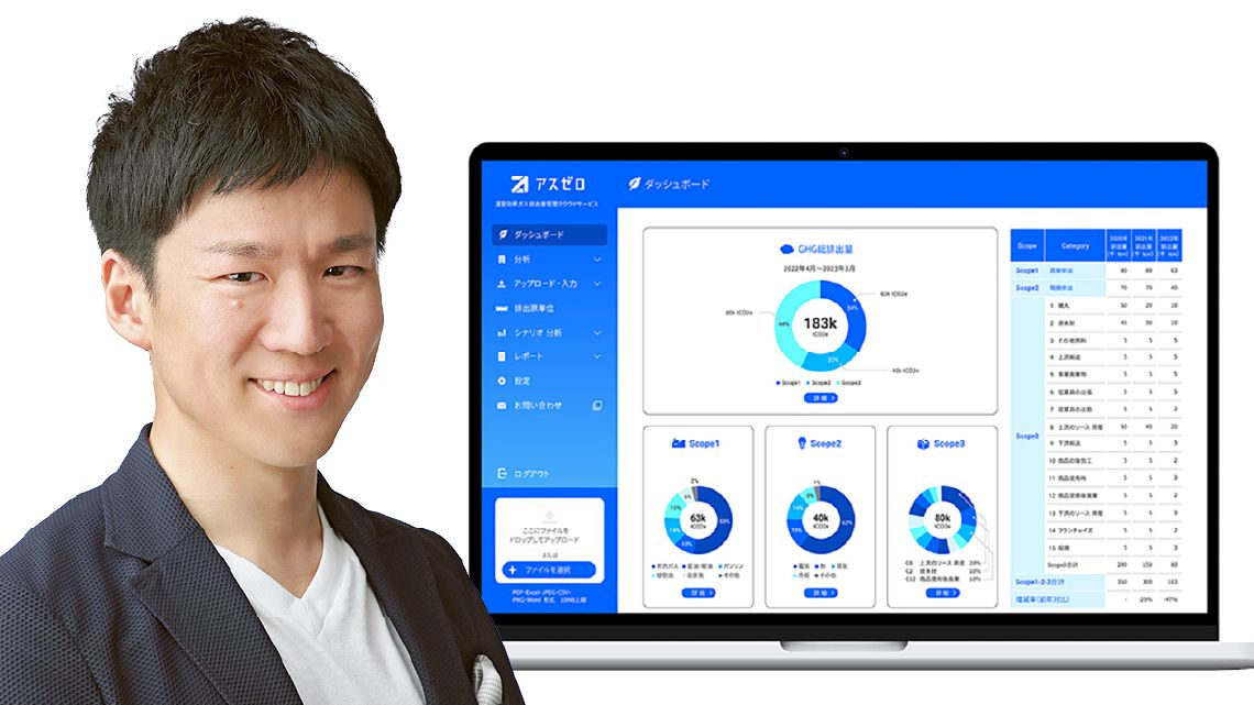アスエネ西和田浩平CEOとサービス画面