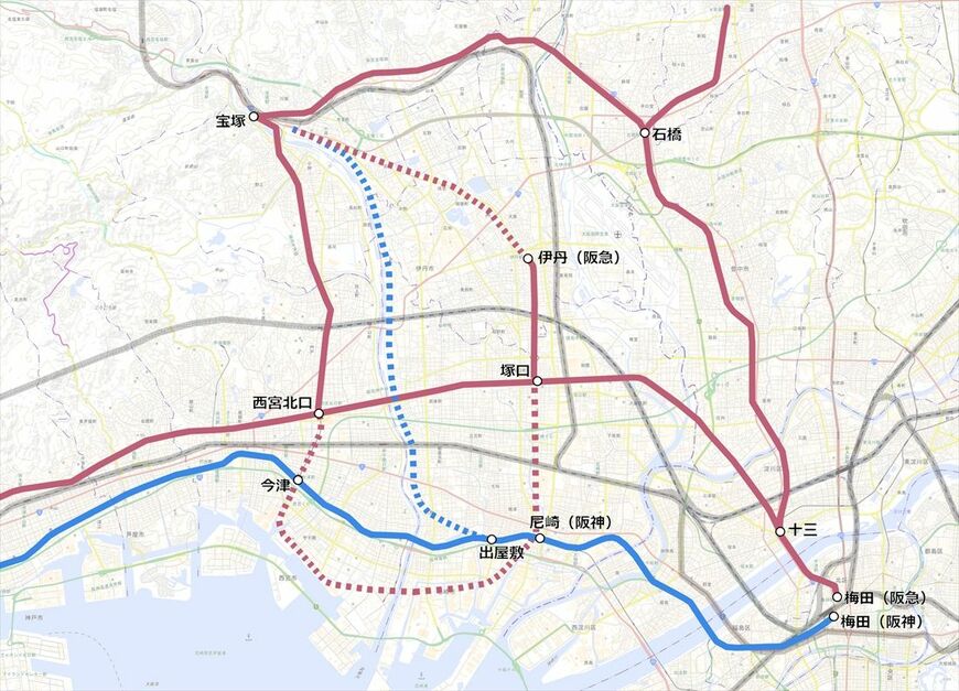 1923年5月時点：阪急電鉄が循環線（マルーン点線）の計画を申請。宝塚に乗り込もうとする尼宝電鉄・阪神電鉄に対抗した（国土地理院地図を筆者加工）