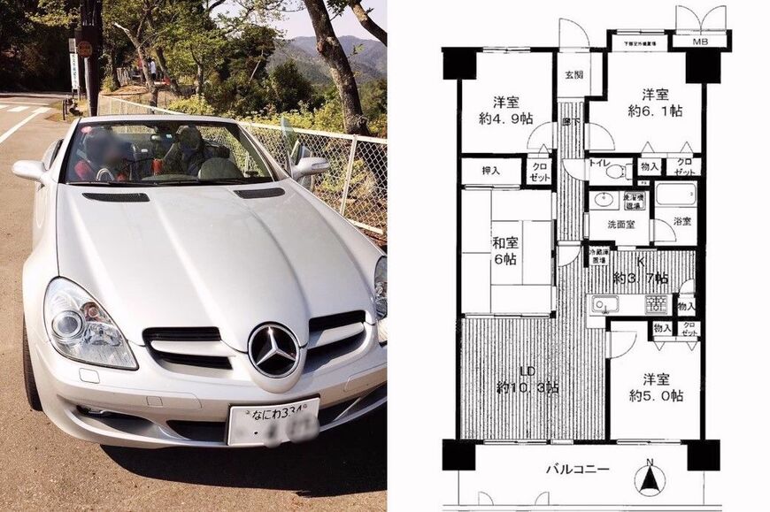 夫の当時の愛車メルセデス・ベンツのオープンカーと、当時暮らしていたマンションの間取り図。4LDKで85平米と、「一見広い」部屋でした（筆者撮影）