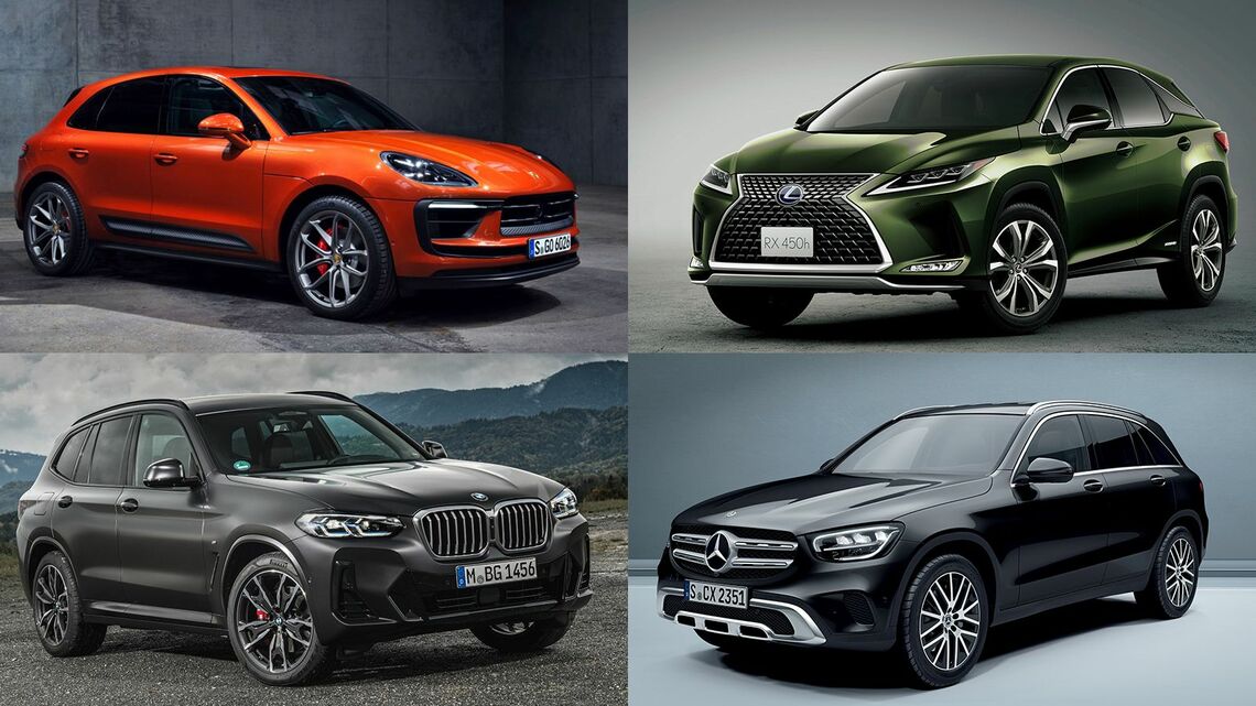 左上：ポルシェ「マカン」、右上：レクサス「RX」、左下：BMW「X3」、右下：メルセデス・ベンツ「GLC」（写真：Porsche、トヨタ自動車、BMW、Mercedes-Benz）