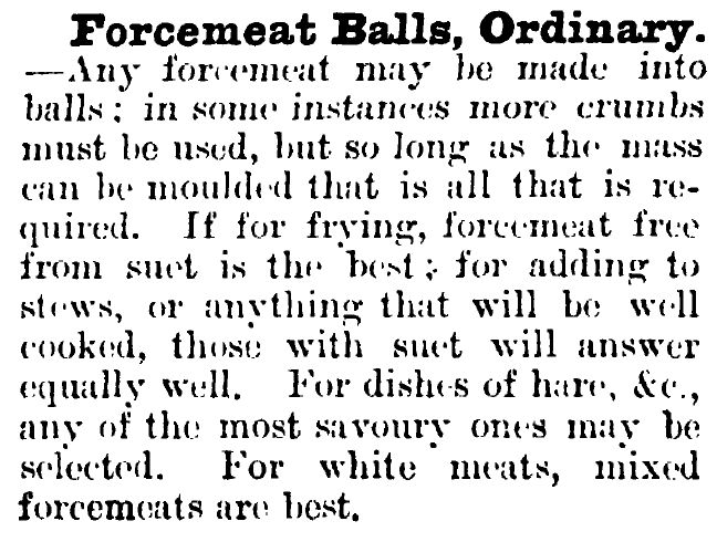 1894年の『Cassells New Universal Cookery Book』よりforcemeat ballの説明