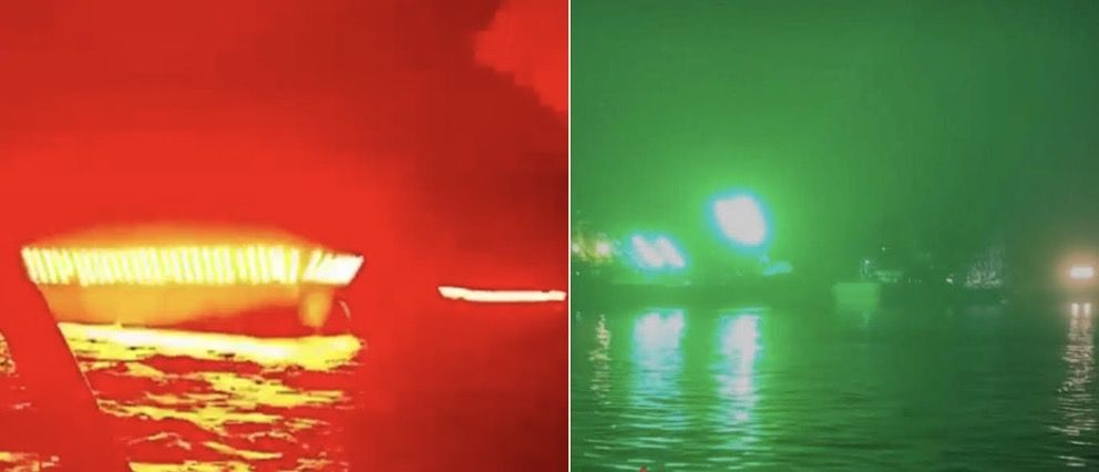 煌々と集魚灯をともす外国(左)と日本(右)のサンマ漁船(写真:筆者提供)
