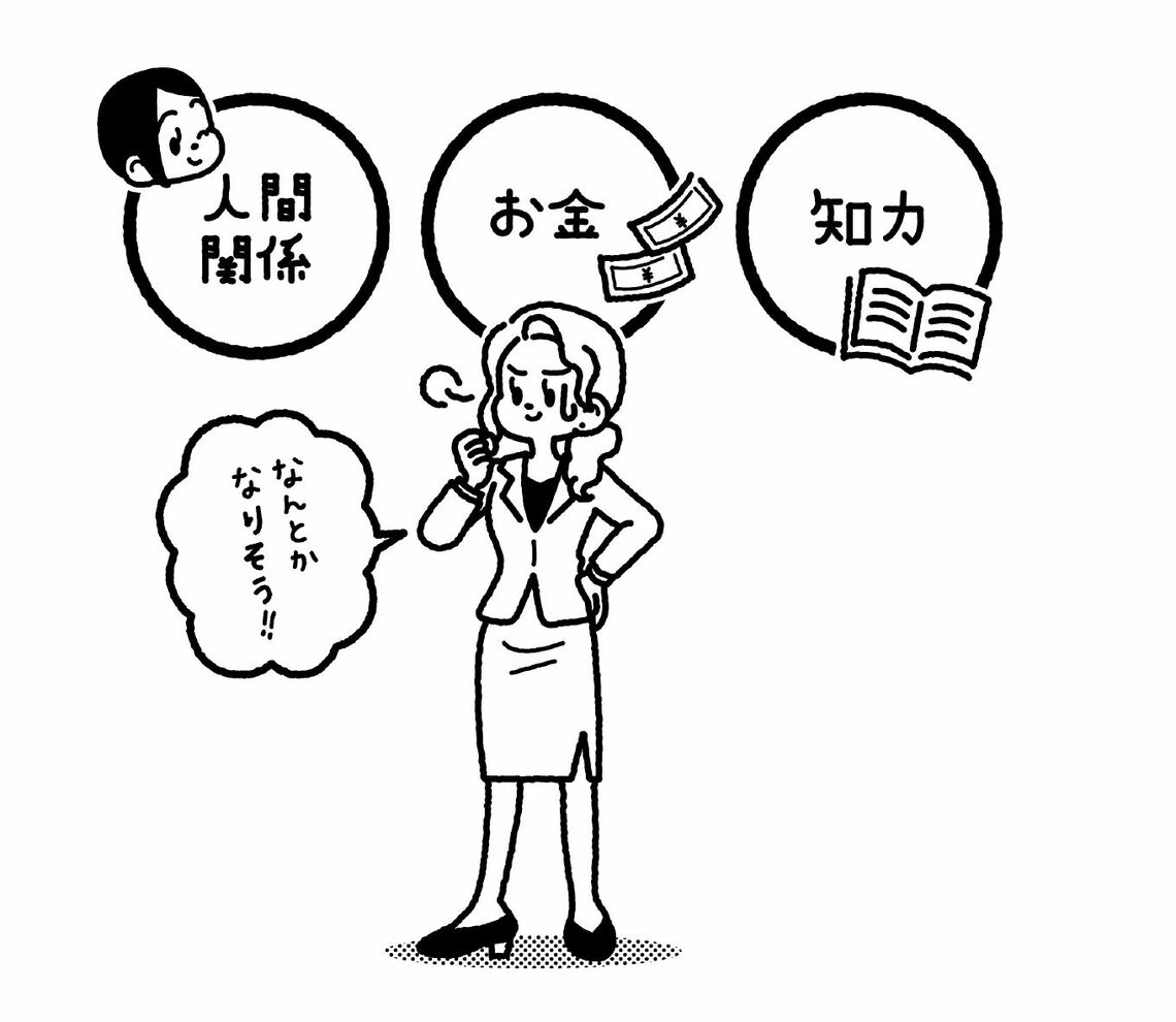 人間関係、お金、知力でストレスに備える女性のイラスト