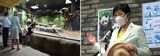 （左）お昼寝中のパンダの母子を観覧する東京都の小池百合子知事、上野動物園の福田豊園長、抽選に当たって招待された子どもたち。2022年6月20日（写真：公益財団法人東京動物園協会提供）、（右）パンダ舎の前で取材に応じる小池百合子都知事。2022年6月20日（筆者撮影）