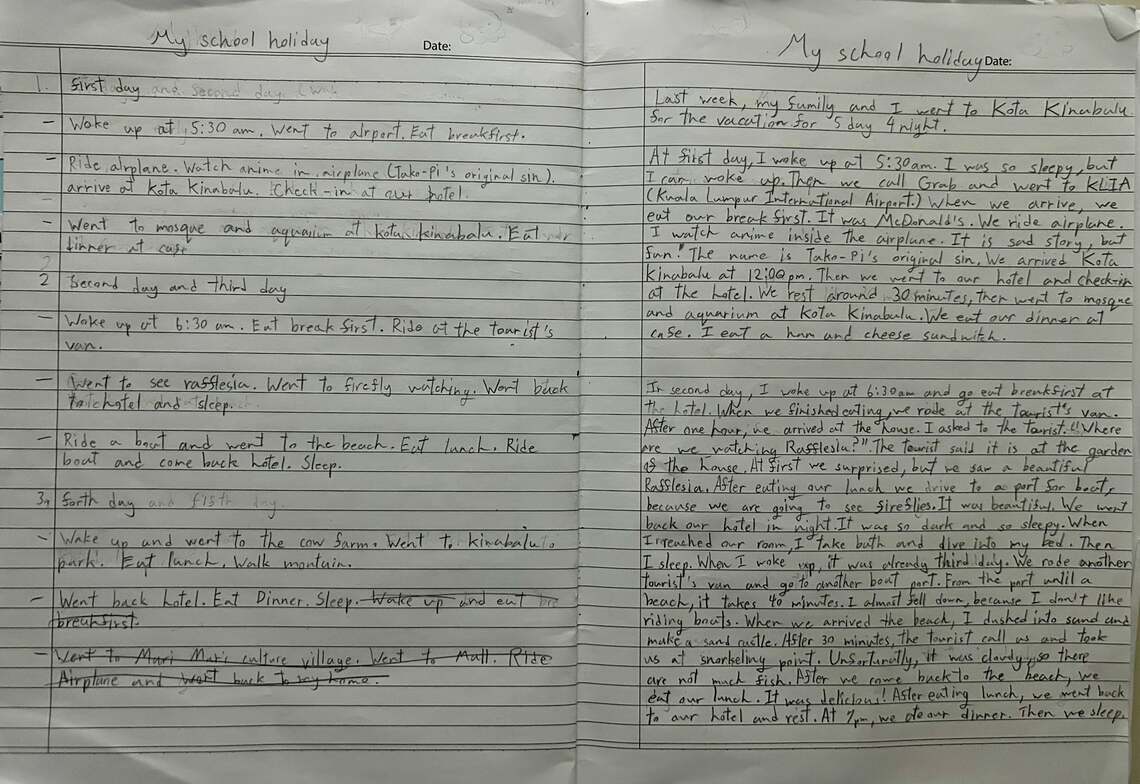 小学5年生の子どものノート。英語の下地ゼロから、長文も自力で書けるようになってきた（写真：筆者撮影）