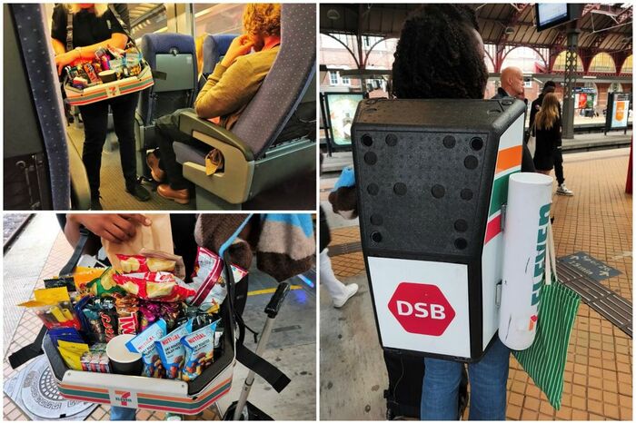 車内販売もセブン‐イレブン。背中にはコップと飲料を背負