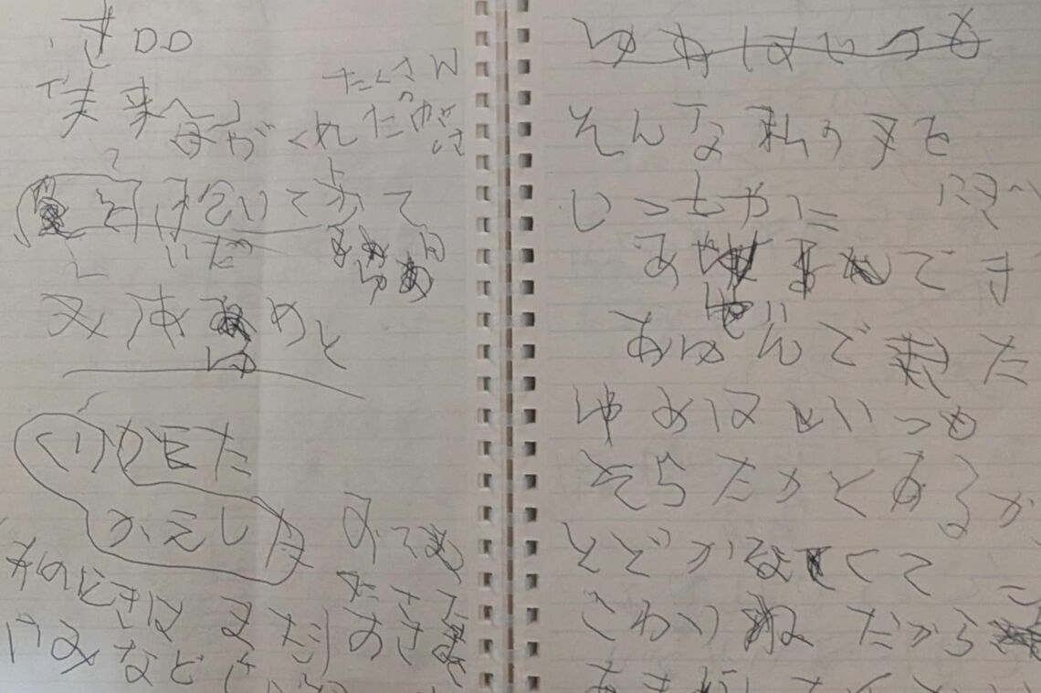 麻痺のない左手で歌詞を書き出したノート（写真：倉谷さん提供）