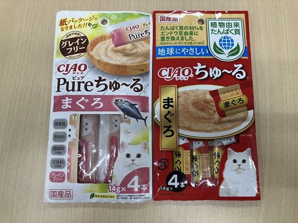 グレインフリーや植物由来たんぱくの志向は猫用おやつにも及んでいるようだ（筆者撮影）