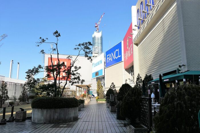 北側の屋上広場。巨大な看板が間近に見える