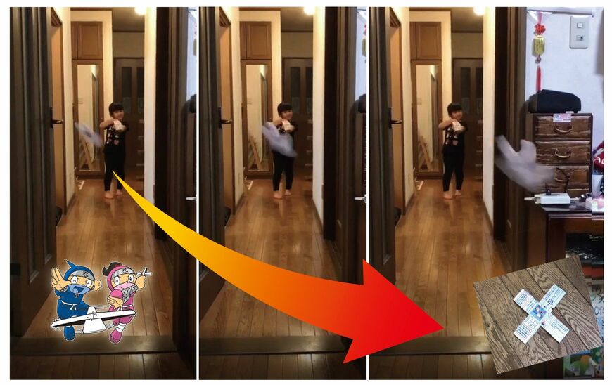 牛乳パックで作った十字手裏剣と手裏剣飛ばし機。家の中でも飛ばして遊べる（筆者提供）