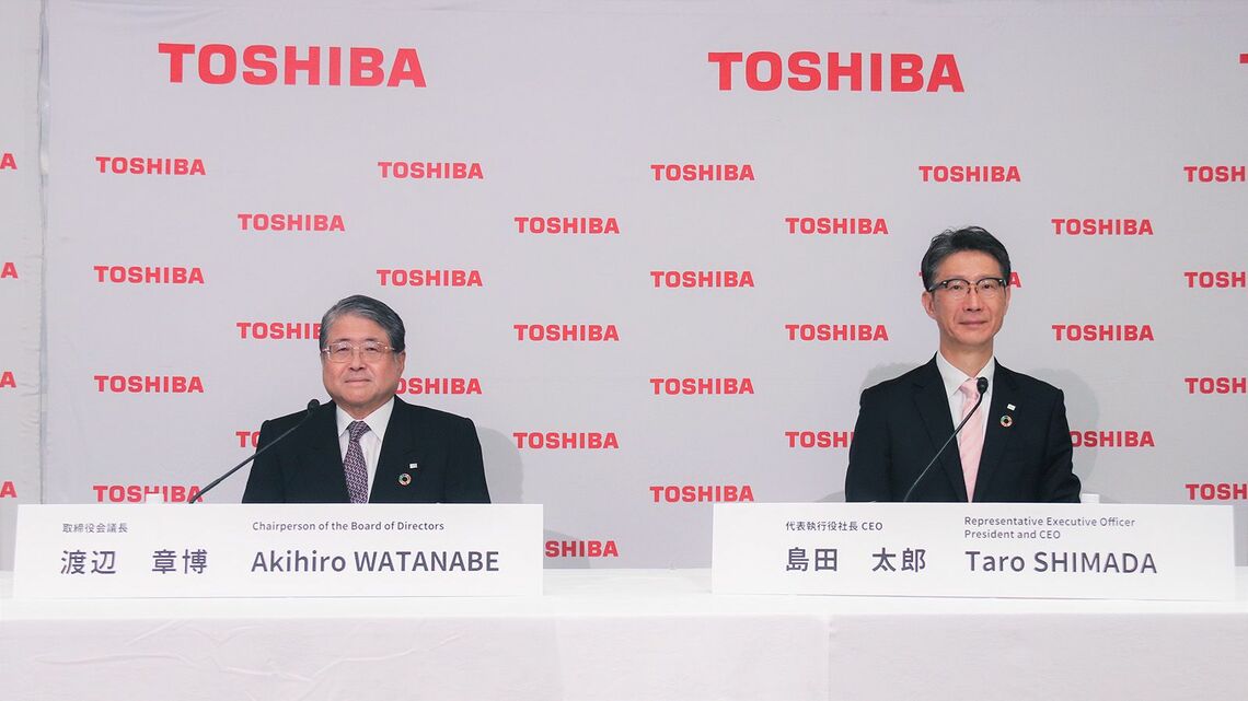 今回のTOBを取りまとめたのは社外取締役の渡辺章博・取締役会議長と、2018年にシーメンスからスカウトされてきた島田太郎社長（写真：東芝）