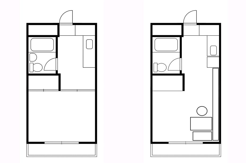 間取り図ビフォーアフター。左が入居前、右が入居後。なんの変哲もない25m²・6畳1間のワンルームマンションを2人で住めるようにセルフリノベーションしました（筆者撮影）