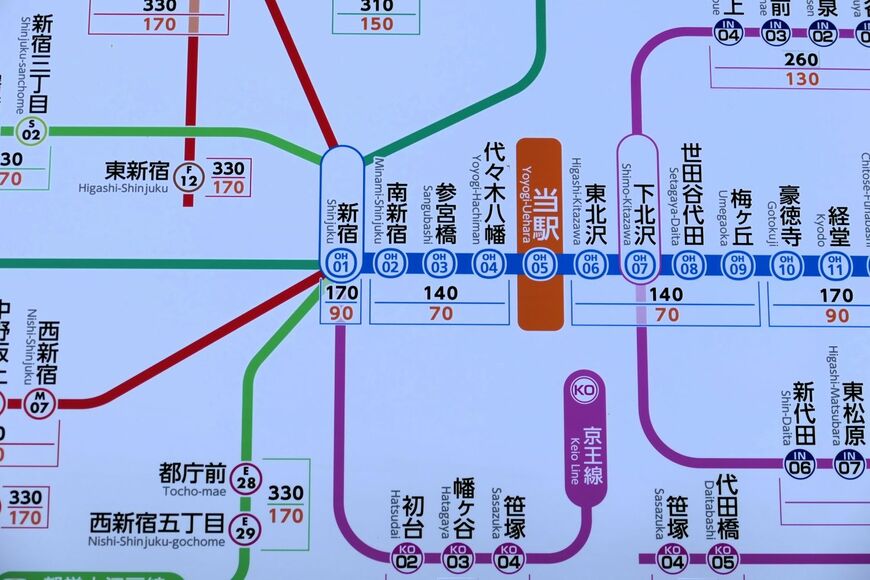 運賃表。新宿までは大人170円（記者撮影）