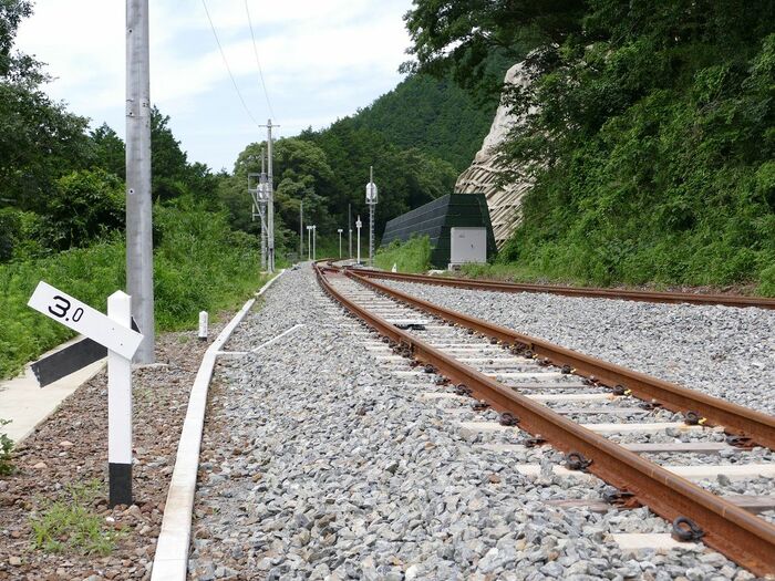右側の線路が上っているのがわかる