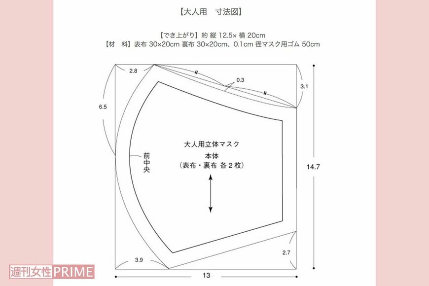 大人用手作りマスクの寸法（イラスト：週刊女性PRIME）