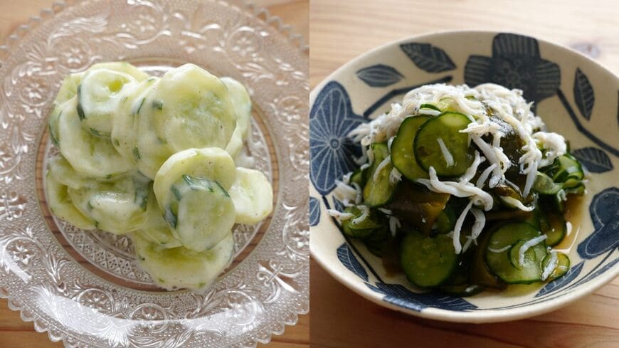 猛暑を乗り切る「きゅうりのサラダ」（左）と「酢の物」（右）の作り方を伝授します