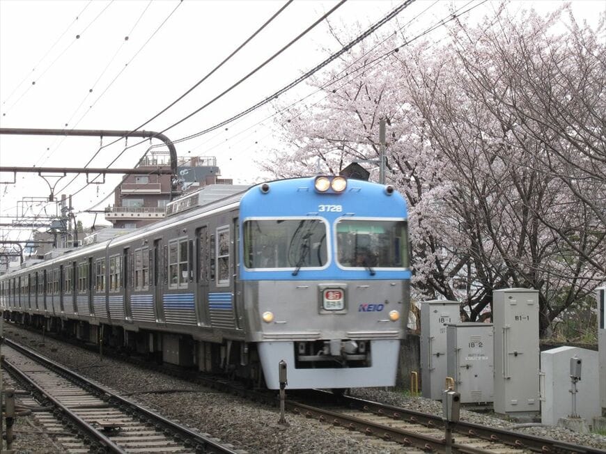 桜咲く駒場東大前駅付近を走るライトブルーの3000系（撮影：南正時）