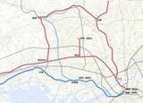 1922年11月時点：尼宝電鉄が出屋敷―宝塚間の鉄道路線（青点線）を申請。当初は武庫川沿いに北上する計画だった（国土地理院地図を筆者加工）