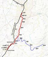 蔵王高速電鉄の計画ルート。赤＝第1期線（本線）、紫＝第2期線（支線）（国土地理院地図を筆者加工）