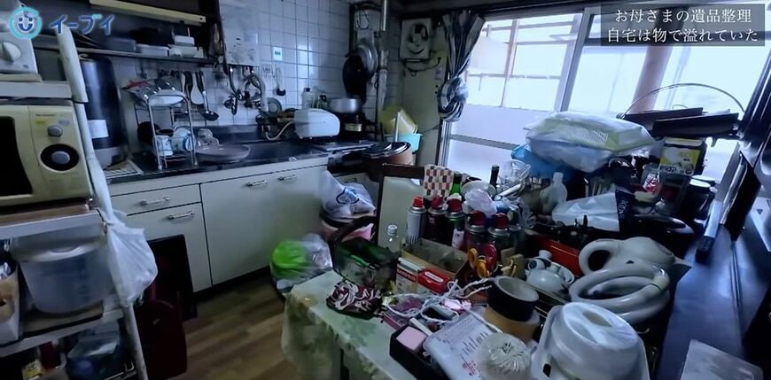 台所にも1人暮らしとは思えないほどの量の食器や調味料などが置かれている（写真：「イーブイ片付けチャンネル」より）