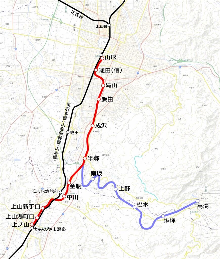 蔵王高速電鉄の計画ルート。赤＝第1期線（本線）、紫＝第2期線（支線）（国土地理院地図を筆者加工）