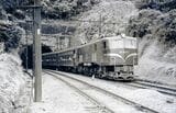 真鶴付近を走るEF58形牽引の列車。前面窓に水切りなどのない原型の姿だ＝1954年（写真：大塚康生）
