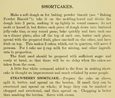 1902年のJames B Smiley編『THE HOUSEHOLD COOK BOOK』における、クッキー生地のイチゴのショートケーキレシピ（画像：筆者提供）