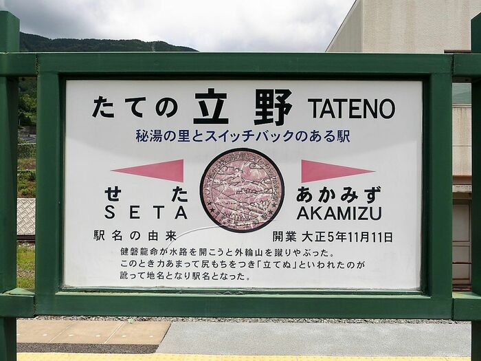 立野駅の駅名標。地名の由来が解説してある