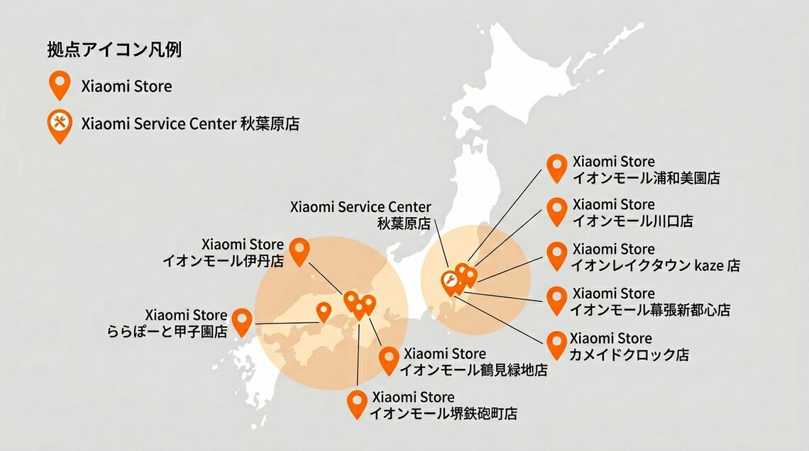 2026年4月時点の国内Xiaomi Store一覧（Perplexityで筆者作成）