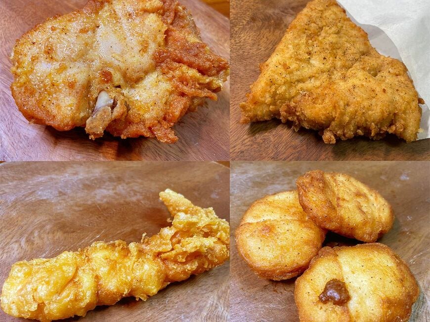 （写真左上から時計周り）ケンタッキー・フライド・チキンのオリジナルチキン（260円）、骨なしケンタッキー（270円） 、ナゲット3ピース（270円）、カーネルクリスピー（240円） 。骨なしケンタッキーは骨が邪魔にならず豪快にかじりつけるが、オリジナルチキンと別物と言えるほど食感に違いがある（筆者撮影）
