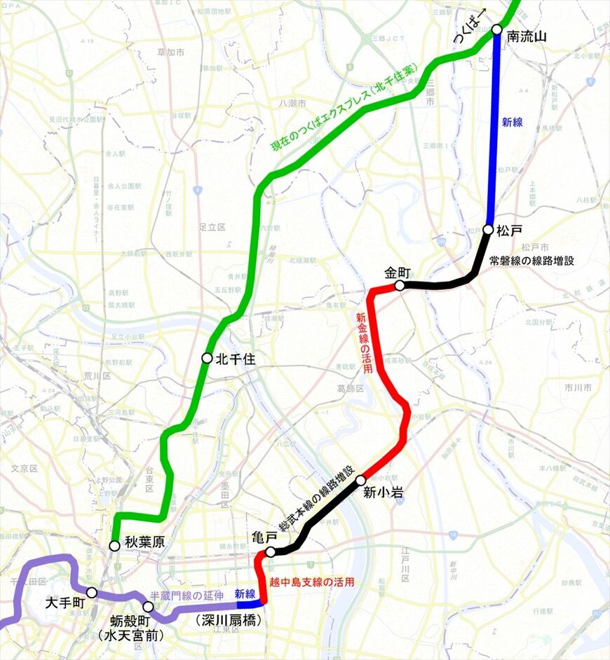 第2常磐線の新金線案。半蔵門線と組み合わせて整備するものだった（国土地理院地図を筆者加工）