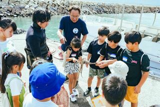 潜水漁で捕れたタコを子どもたちが触っている