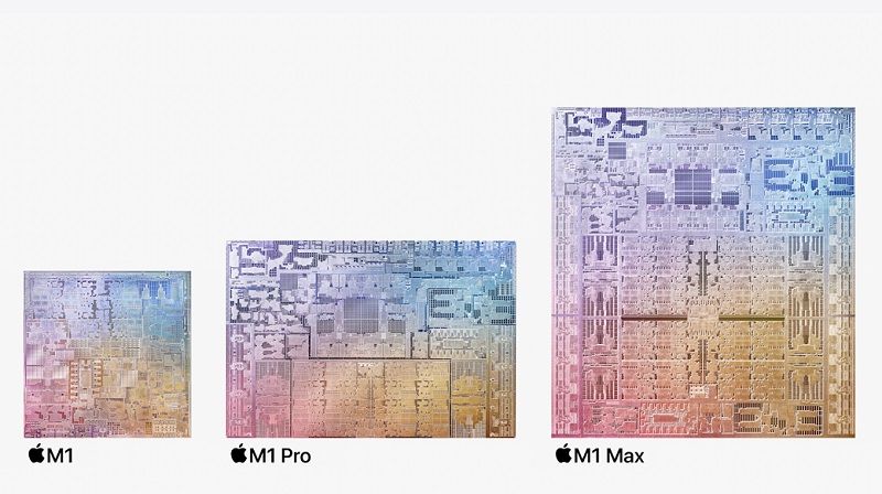 今回追加されたM1 ProとM1 Maxは、M1から倍々でチップを拡大させた結果、数百万円のシステムで実現する性能を、省電力ノートブックに内蔵することに成功した（写真：アップル基調講演ビデオより筆者作成）