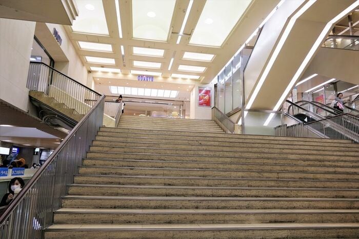 1階にある大階段。後方に小田急新宿駅がある