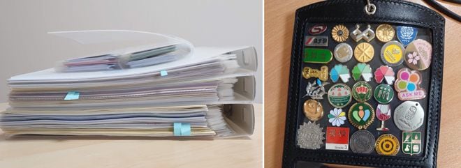 （左）資格の合格証と資格証はファイルに整理している。それでも見つけるのが大変なほど数が多い（右）取得した資格のピンバッジ（写真：林さん提供）