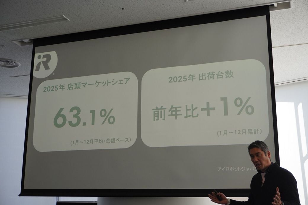 25年の日本市場の業績を示すスライド。店頭シェア63.1％、出荷台数は前年比プラス1％で着地した（写真：筆者撮影）