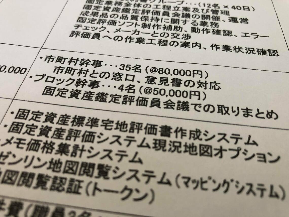 茨城県不動産鑑定士協会が那珂市に提出した「協会経費」の明細の一部。協会と契約しない市町村では支払われない「幹事」などへの支出も含まれている（筆者撮影）