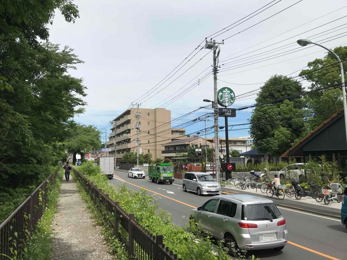 「西東京新町店」（右上）は、玉川上水（左側）と五日市街道が並行する場所にある（筆者撮影）