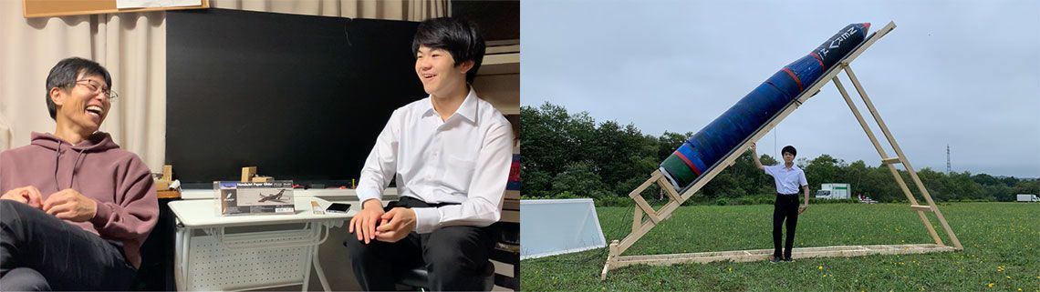 北章徳さんとAくんの笑顔のツーショット（左）。2022年には仲間と世界最大の水ロケット打ち上げを目指し、2度の失敗を経てギネス記録を打ち立てた（右）