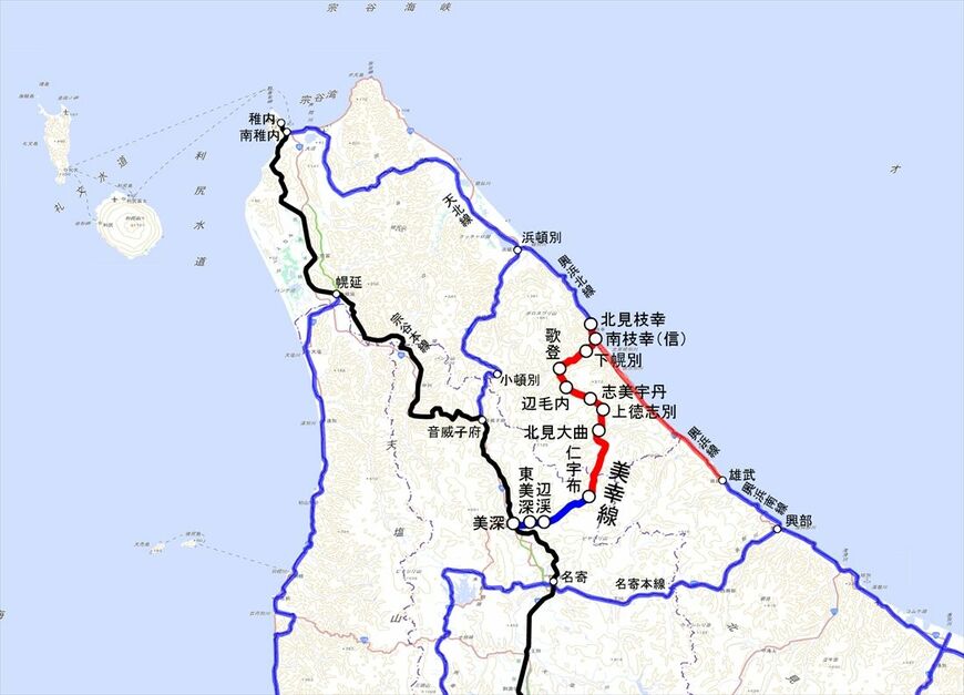 美幸線の位置（青＝開業→廃止、赤＝着工→中止）（国土地理院地図を筆者加工）